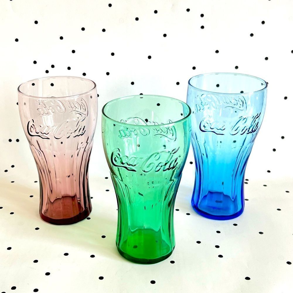 🖤 Coca Cola 🖤 glass set rare retro vintage McDonald’s green blue pink Germany